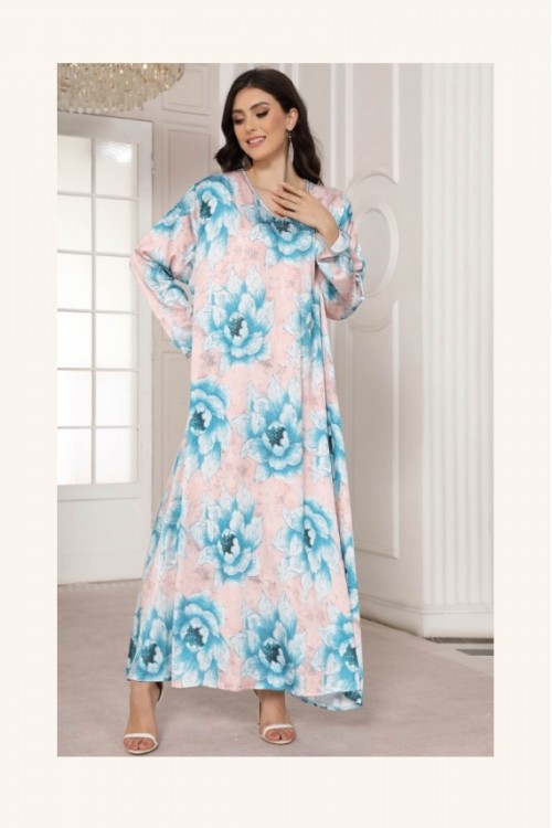 جلابية مخور نسائي انيقة قماش مشجر بفصوص لامعة أكمام طويلة وفتحة صدر دائرية مطرزة بالكريستال