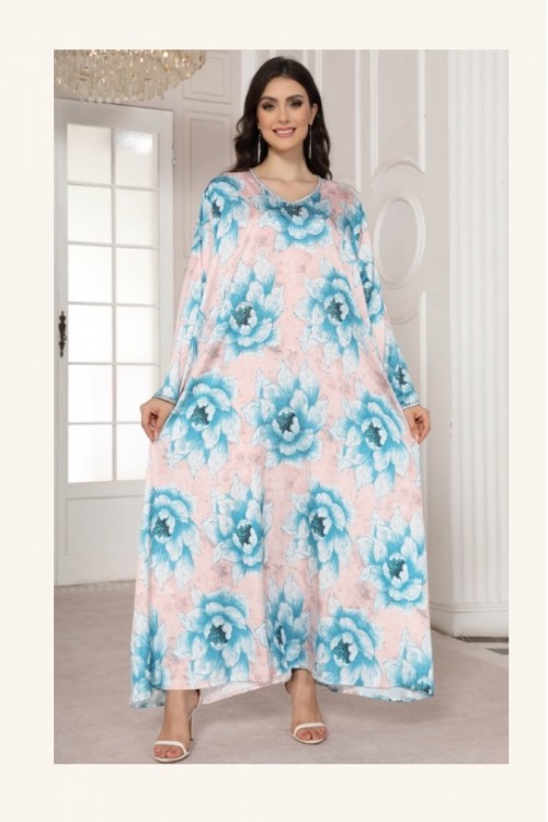 جلابية مخور نسائي انيقة قماش مشجر بفصوص لامعة أكمام طويلة وفتحة صدر دائرية مطرزة بالكريستال