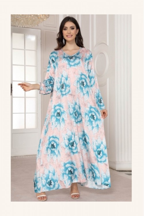 جلابية مخور نسائي انيقة قماش مشجر بفصوص لامعة أكمام طويلة وفتحة صدر دائرية مطرزة بالكريستال