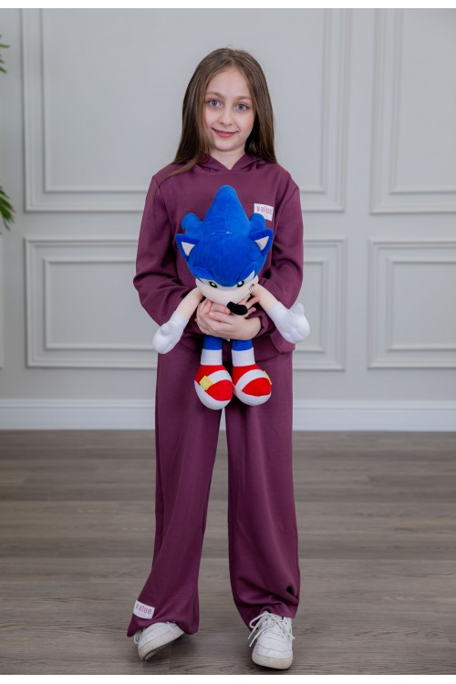 طقم بناتي أنيق قطعتين لون بنفسجي أكمام طويلة مع كتابة أمامية و بنطلون بجيوب و مطاط من الأسفل