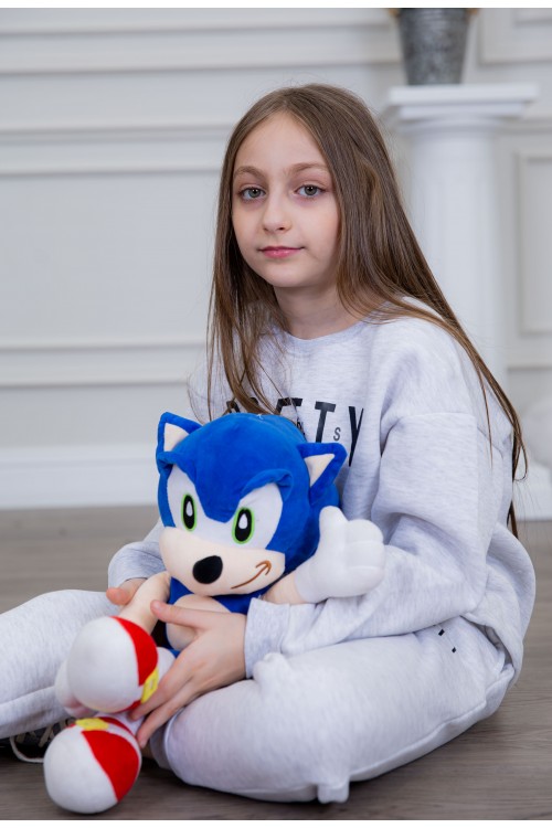 طقم بناتي أنيق قطعتين لون رمادي أكمام طويلة مع كتابة أمامية و في البنطلون