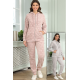 طقم نسائي أنيق قطعتين لون وردي مع قبعة هودي و أكمام طويلة و سحاب أمامي و جاكيت بجيوب بنطلون بمطاط