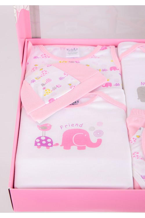 طقم هدايا مواليد 14 قطعة لون وردي وأبيض مزينة برسومات كرتونية