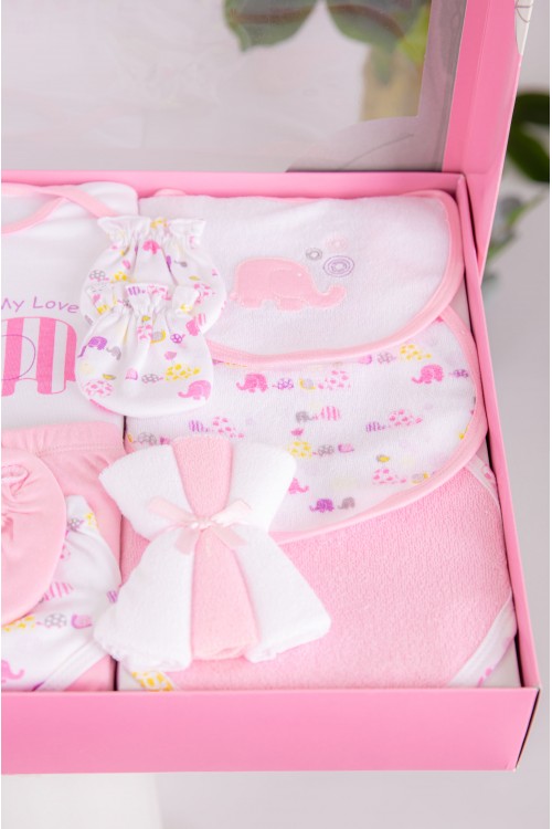 طقم هدايا مواليد 14 قطعة لون وردي وأبيض مزينة برسومات كرتونية