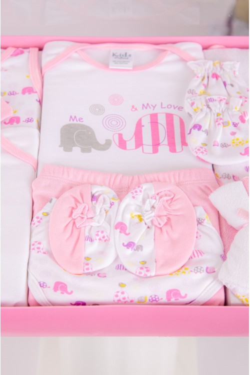 طقم هدايا مواليد 14 قطعة لون وردي وأبيض مزينة برسومات كرتونية