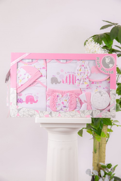 طقم هدايا مواليد 14 قطعة لون وردي وأبيض مزينة برسومات كرتونية