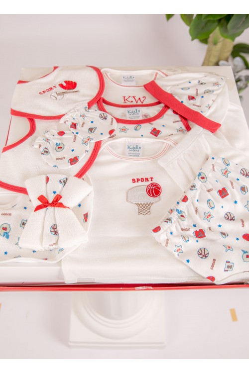 طقم هدايا مواليد 14 قطعة لون أحمر وأبيض مزينة برسومات كرتونية