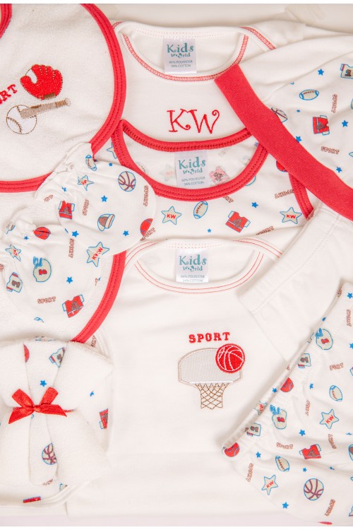 طقم هدايا مواليد 14 قطعة لون أحمر وأبيض مزينة برسومات كرتونية