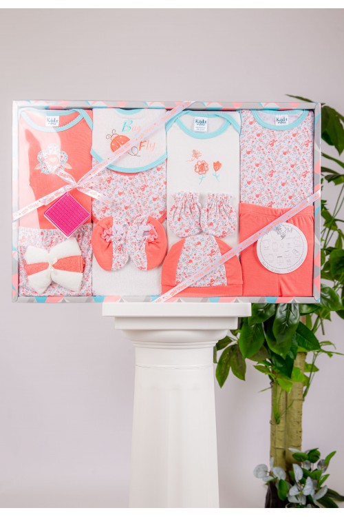 طقم هدايا مواليد 14 قطعة لون برتقالي وأبيض مزينة برسومات كرتونية