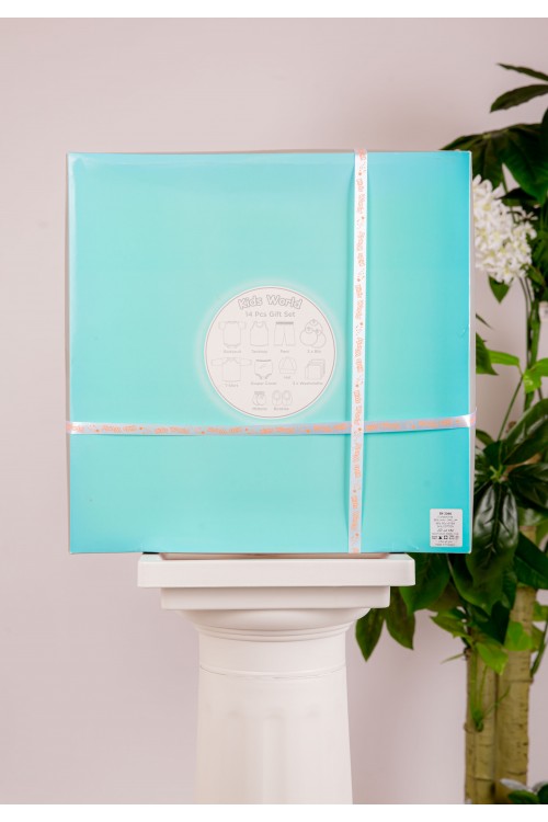 طقم هدايا مواليد 14 قطعة لون برتقالي وأبيض مزينة برسومات كرتونية