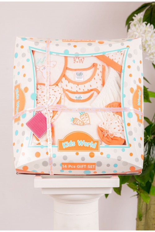طقم هدايا مواليد 14 قطعة لون برتقالي وأبيض مزينة برسومات كرتونية