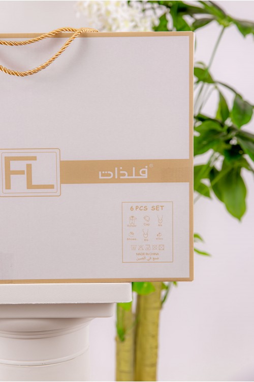 طقم هدايا مواليد 6 قطع لون بني وبيج مزينة برسومات كرتونية