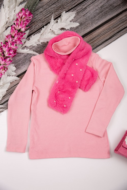 بلوزة أطفال شتوية لون وردي برقبة و أكمام طويلة