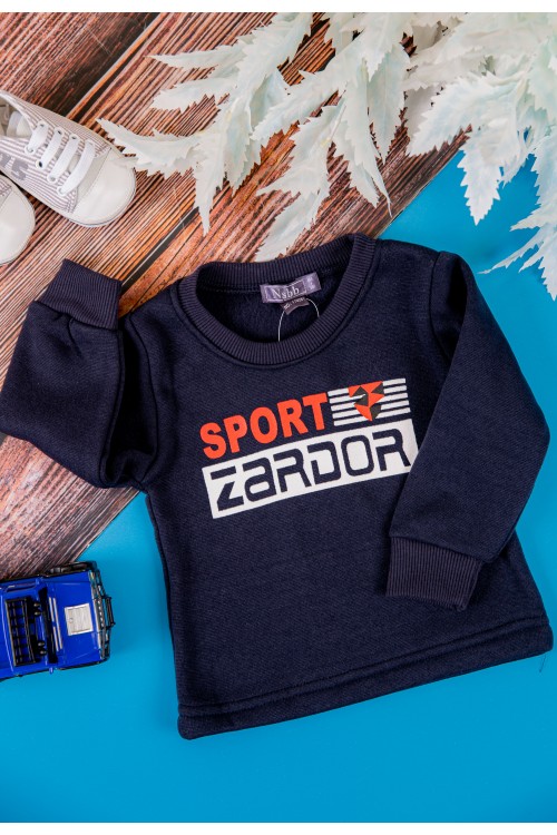 طقم قطعتين ولادي أطفال شتوي لون كحلي أكمام طويلة ومطاط بالأسفل مزينة بكتابات من الأمام