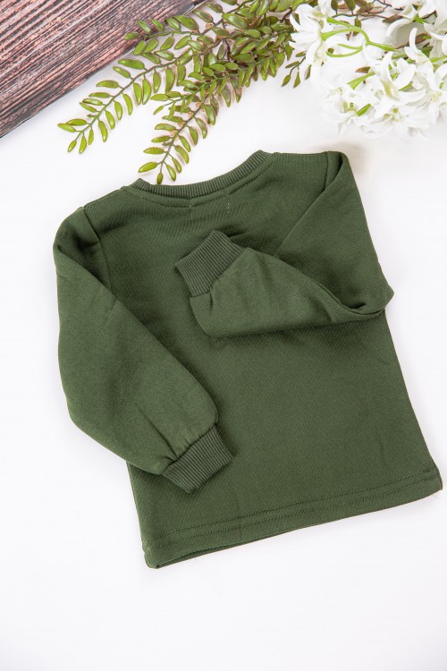 طقم قطعتين ولادي أطفال شتوي لون أخضر ورمادي أكمام طويلة ومطاط بالأسفل مزينة بكتابات من الأمام