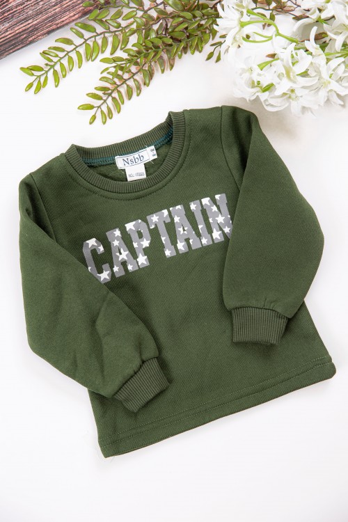 طقم قطعتين ولادي أطفال شتوي لون أخضر ورمادي أكمام طويلة ومطاط بالأسفل مزينة بكتابات من الأمام