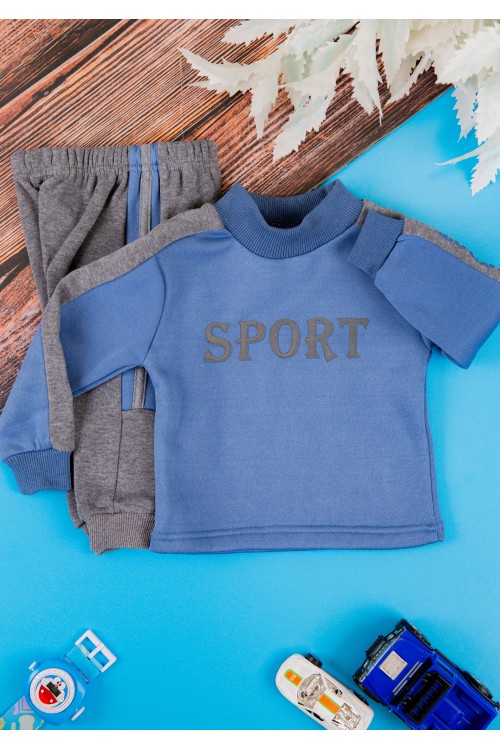 طقم قطعتين ولادي أطفال شتوي لون أزرق ورمادي أكمام طويلة ومطاط بالأسفل مزينة بكتابات من الأمام