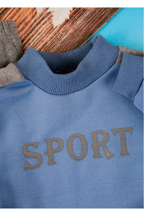 طقم قطعتين ولادي أطفال شتوي لون أزرق ورمادي أكمام طويلة ومطاط بالأسفل مزينة بكتابات من الأمام