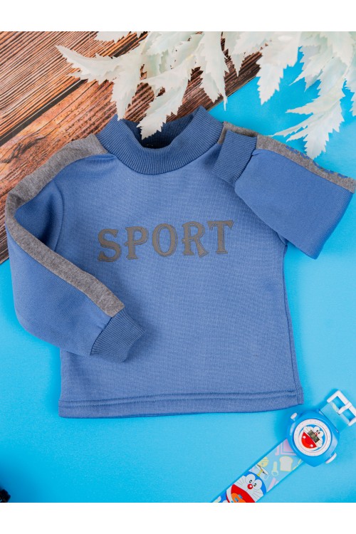 طقم قطعتين ولادي أطفال شتوي لون أزرق ورمادي أكمام طويلة ومطاط بالأسفل مزينة بكتابات من الأمام