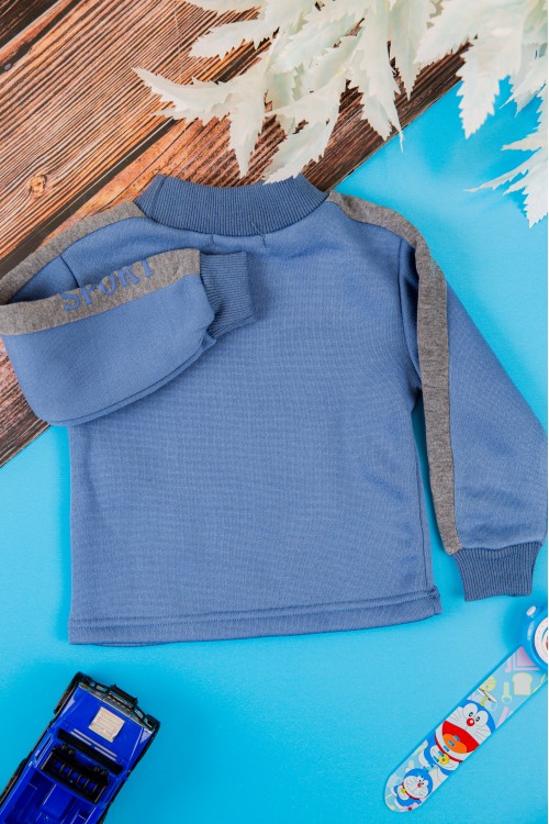 طقم قطعتين ولادي أطفال شتوي لون أزرق ورمادي أكمام طويلة ومطاط بالأسفل مزينة بكتابات من الأمام