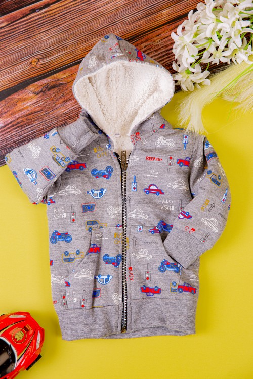 جاكيت ولادي أطفال بفرو من الداخل وقبعة رأس وسحاب من الأمام مزينة برسومات كرتونية