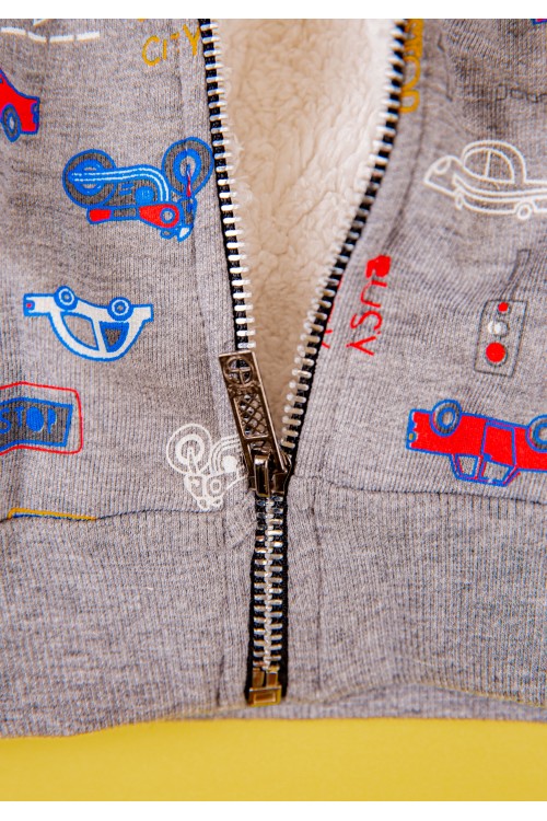 جاكيت ولادي أطفال بفرو من الداخل وقبعة رأس وسحاب من الأمام مزينة برسومات كرتونية