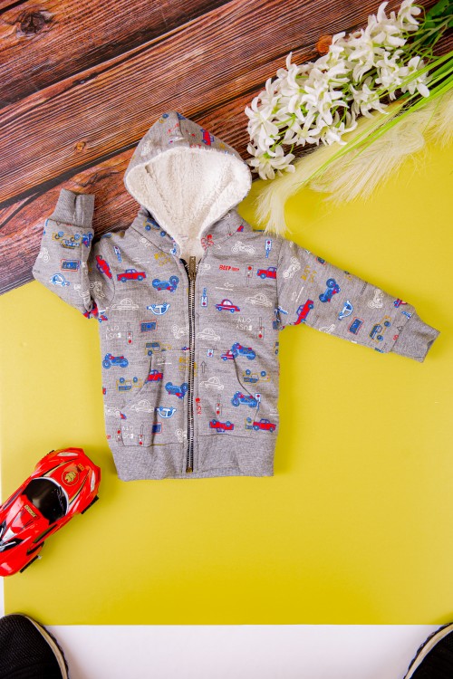 جاكيت ولادي أطفال بفرو من الداخل وقبعة رأس وسحاب من الأمام مزينة برسومات كرتونية