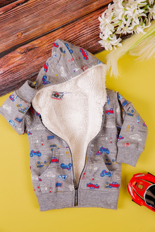 جاكيت ولادي أطفال بفرو من الداخل وقبعة رأس وسحاب من الأمام مزينة برسومات كرتونية