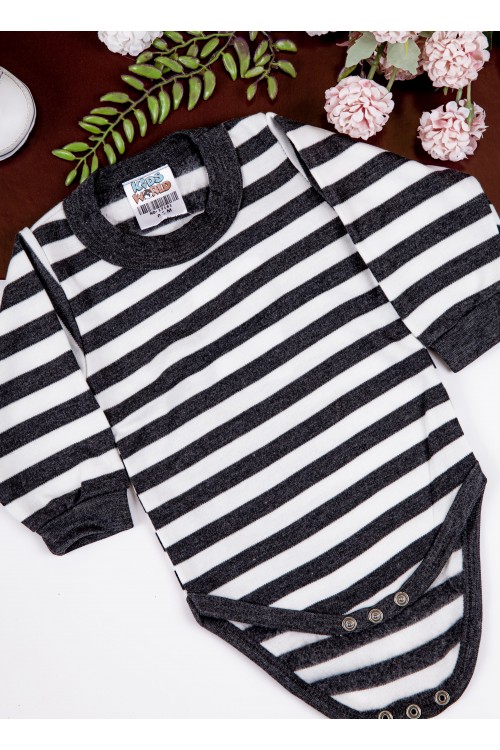 بربتوز أطفال مخطط لون أبيض وأسود  كم طويل بمطاط وأزرار من الأسفل