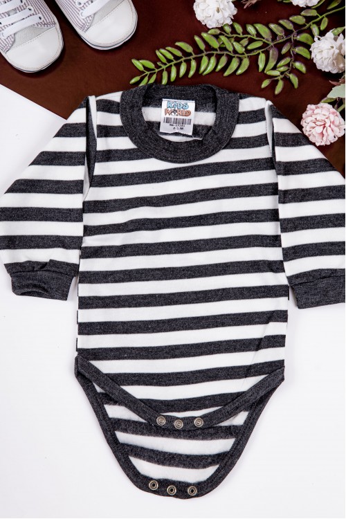 بربتوز أطفال مخطط لون أبيض وأسود  كم طويل بمطاط وأزرار من الأسفل