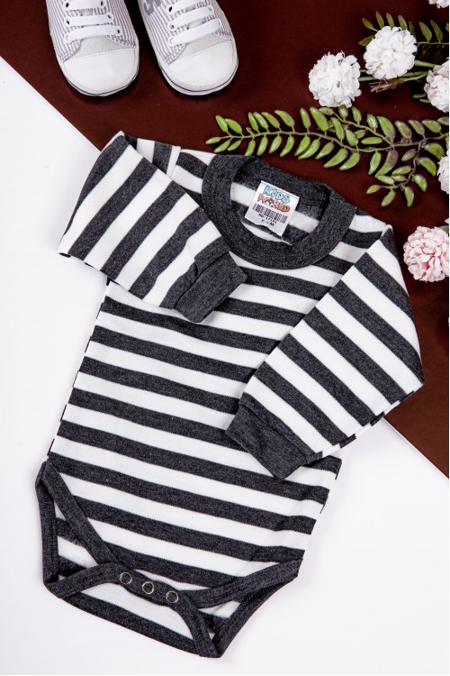 بربتوز أطفال مخطط لون أبيض وأسود  كم طويل بمطاط وأزرار من الأسفل