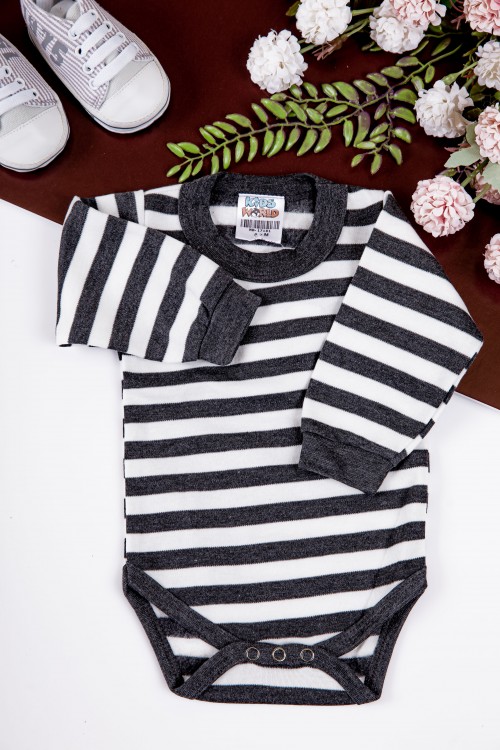 بربتوز أطفال مخطط لون أبيض وأسود  كم طويل بمطاط وأزرار من الأسفل