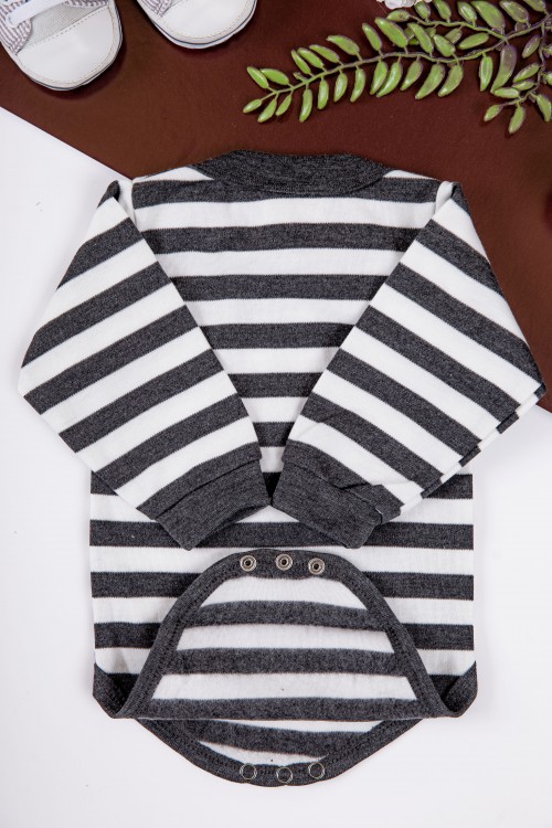 بربتوز أطفال مخطط لون أبيض وأسود  كم طويل بمطاط وأزرار من الأسفل