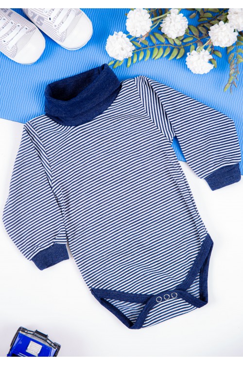 بربتوز أطفال بياقه رقبة مخطط لون أبيض وأزرق  كم طويل بمطاط وأزرار من الأسفل