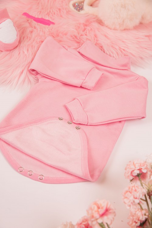 بربتوز أطفال بياقه رقبة لون وردي كم طويل بمطاط وأزرار من الأسفل