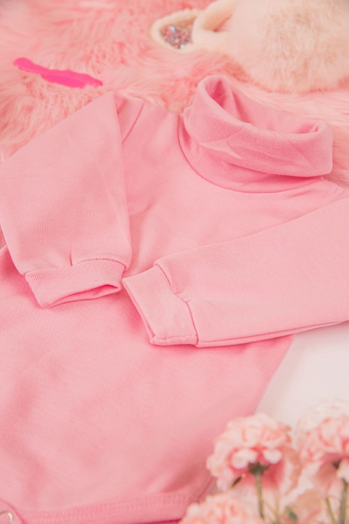 بربتوز أطفال بياقه رقبة لون وردي كم طويل بمطاط وأزرار من الأسفل