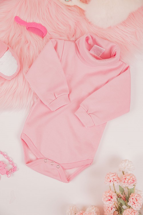 بربتوز أطفال بياقه رقبة لون وردي كم طويل بمطاط وأزرار من الأسفل