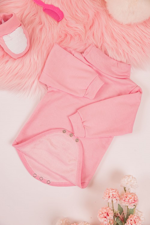 بربتوز أطفال بياقه رقبة لون وردي كم طويل بمطاط وأزرار من الأسفل