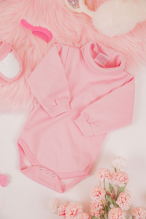 بربتوز أطفال بياقه رقبة لون وردي كم طويل بمطاط وأزرار من الأسفل