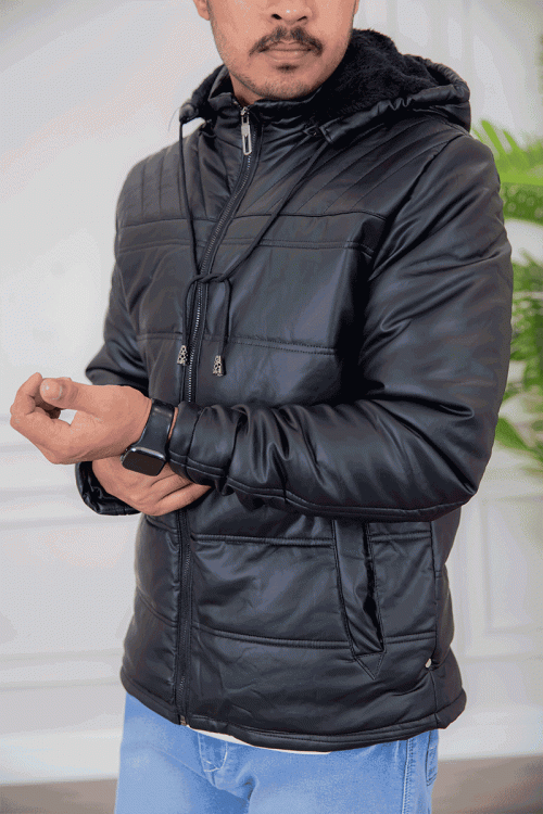 جاكيت رجالي جلد لون أسود مبطن بفرو بجيوب جانبية وسحاب و أزرار من الأمام مع قبعة رأس