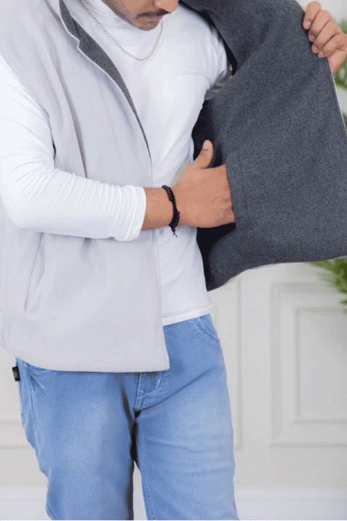 سديري رجالي وجهين دبل فيس لون رمادي غامق و فاتح  بجيوب جانبية وداخلية