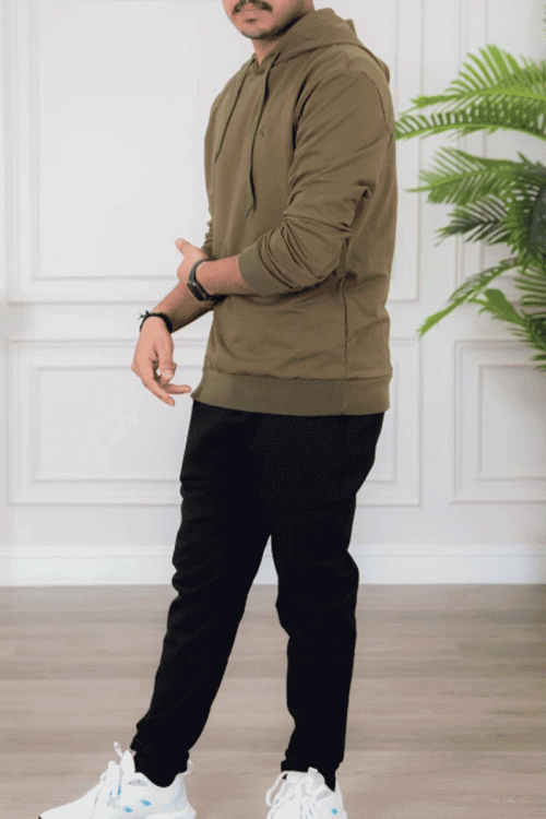 بلوفر هودي رجالي لون زيتي أكمام طويلة مع قبعة رأس و خيوط شد