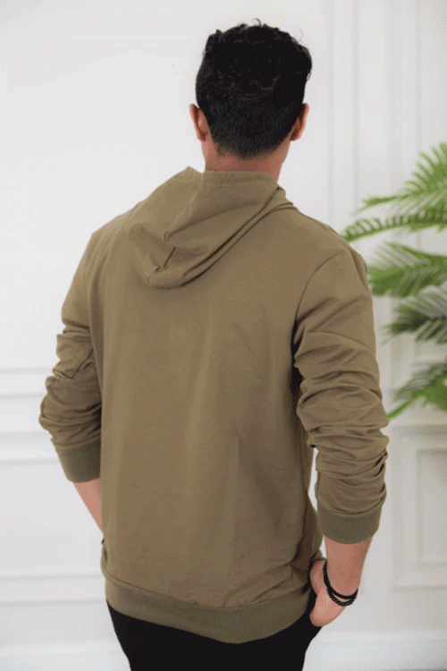 بلوفر هودي رجالي لون زيتي أكمام طويلة مع قبعة رأس و خيوط شد