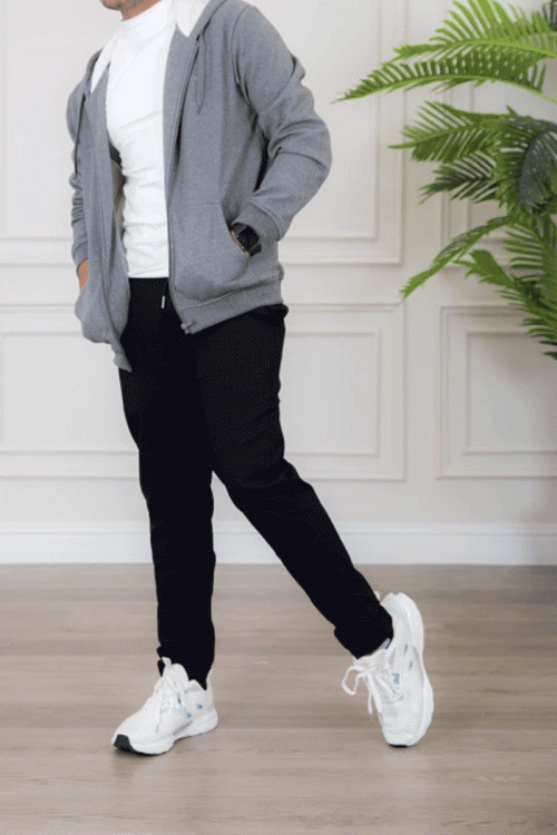 جاكيت رجالي لون رمادي مبطن بجيوب جانبية و سحاب من الأمام مع قبعة رأس