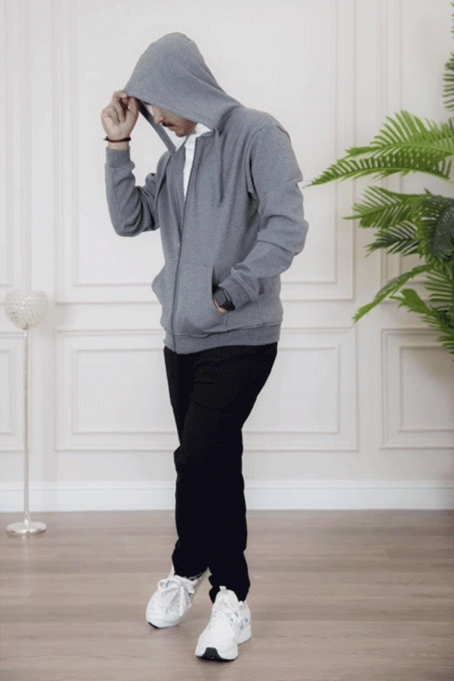 جاكيت رجالي لون رمادي مبطن بجيوب جانبية و سحاب من الأمام مع قبعة رأس