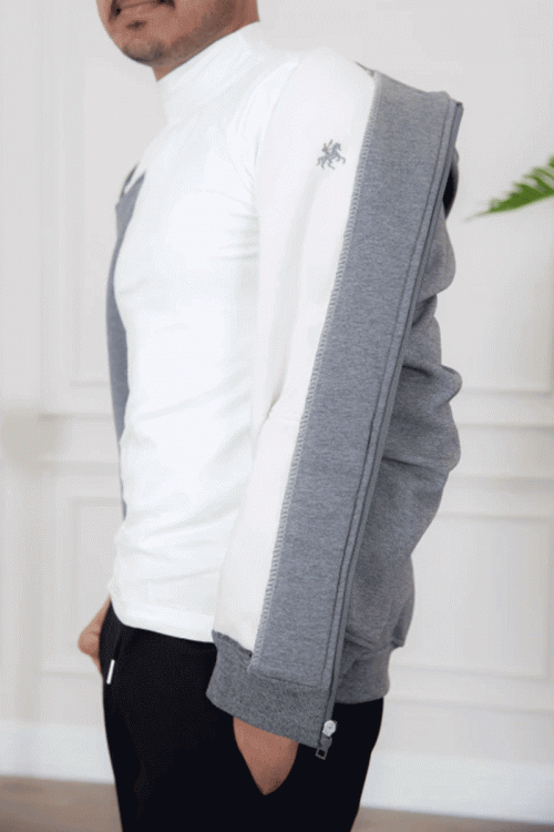 جاكيت رجالي لون رمادي مبطن بجيوب جانبية و سحاب من الأمام مع قبعة رأس