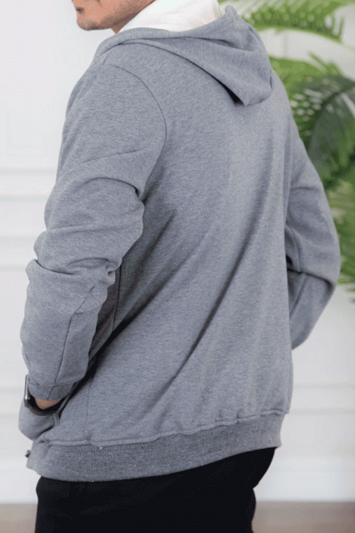 جاكيت رجالي لون رمادي مبطن بجيوب جانبية و سحاب من الأمام مع قبعة رأس