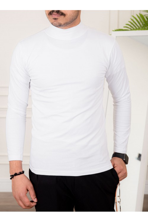 تيشيرت سادة لون أبيض بياقة عالية و أكمام طويلة