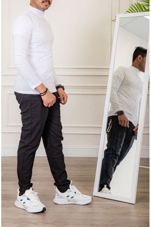 تيشيرت سادة لون أبيض بياقة عالية و أكمام طويلة