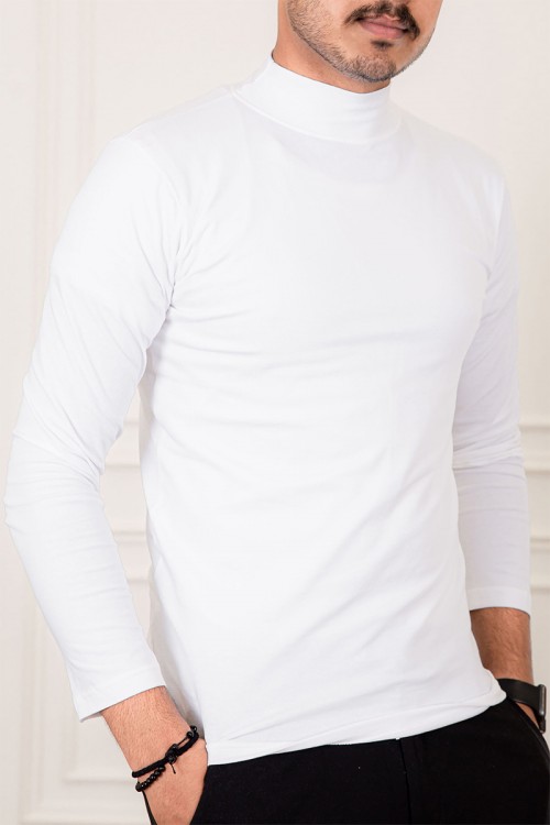 تيشيرت سادة لون أبيض بياقة عالية و أكمام طويلة
